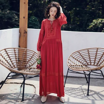 

2020 spring fashion red embroidery long sleeve maxi boho dress women bohemian beach dress lady elegant loose plus size vestidos