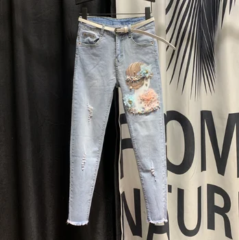 

High Waist Slim Fit Jeans Women's 2020 Spring Autumn New Korean-style Students Flash Stickers Capri Pants Fashion Blue Jeans