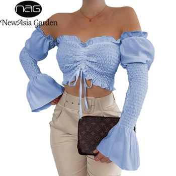

NewAsia Sexy Off Shoulder Blusas Women Ruffless Pleated Long Flare Sleeve Lace Up Summer Tops White Plus Size Blouses 2020 New
