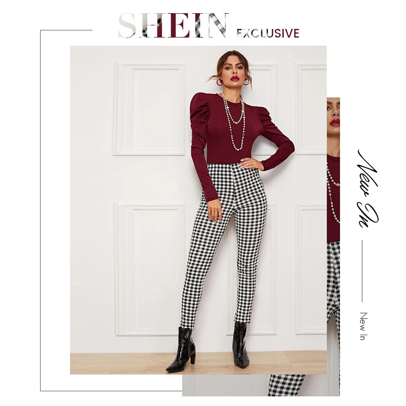 SHEIN, однотонная тонкая элегантная футболка с круглым вырезом, женские футболки, осень, пышные рукава, офисные женские базовые обтягивающие футболки
