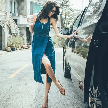 

Sexy Sleeveless Denim Dress Women Side Slit Suspender Sundress Overall Vestidos Bandage Spaghetti Strap Jeans Long Dresses 2019