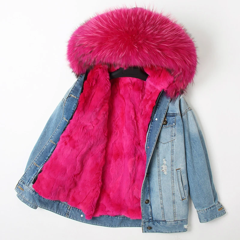 Top OFTBUY 2019 Winter Jacket Women Real Fur Coat Parka Real raccoon collar Rex Rabbit liner striped bomber Denim jacket Streetwear 17