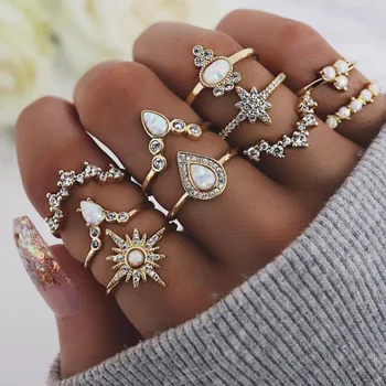 

HWASY1804 fashion style hand-decoration retro-combined joint ring crown star water drop 10 sets of ring wholesale