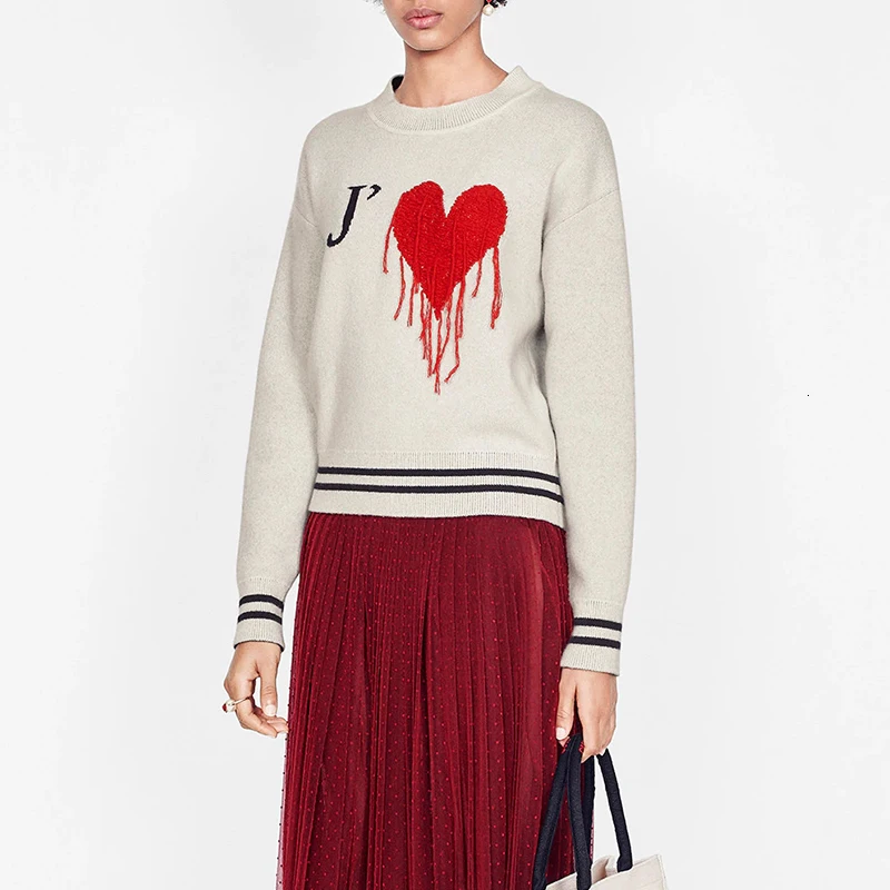 Черный вязаный свитер пуловеры женские Подиумные дизайнерские сердце кисточки Дамский джемпер осенне-зимняя одежда