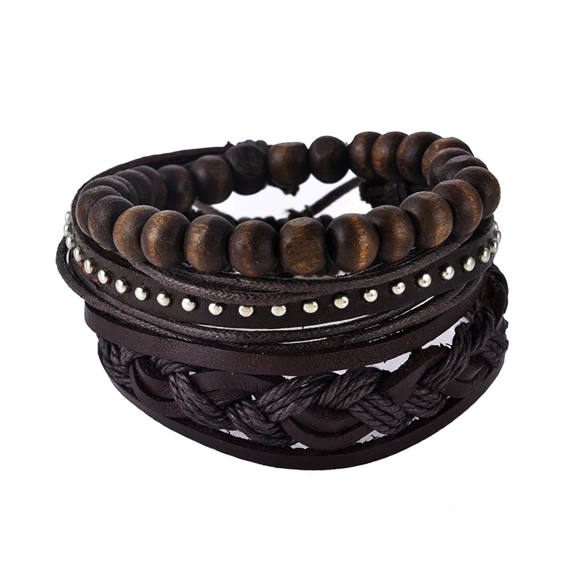 1 комплект Многослойный кожаный браслет мужские ювелирные изделия Boho Рок Браслеты из дерева для женщин винтажные браслеты и браслеты - Окраска металла: B