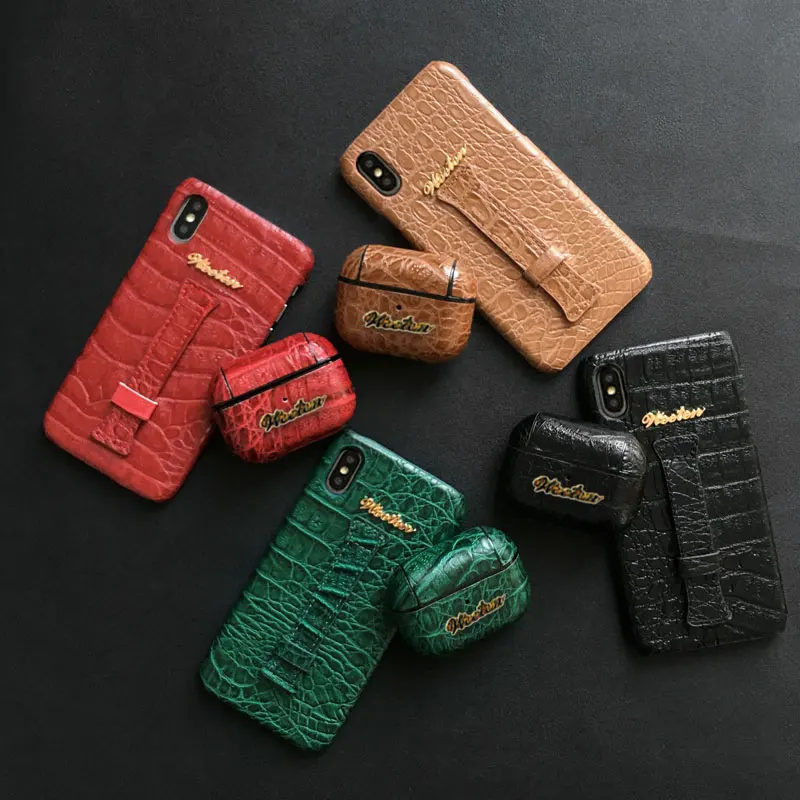 Crocodile Skin Leather Wrist Strap Phone Case For iPhone 11 X 7 8 6 6S Plus XS Max XR Leather PU Earphone Case For Airpods Pro 3 iphone 8 case