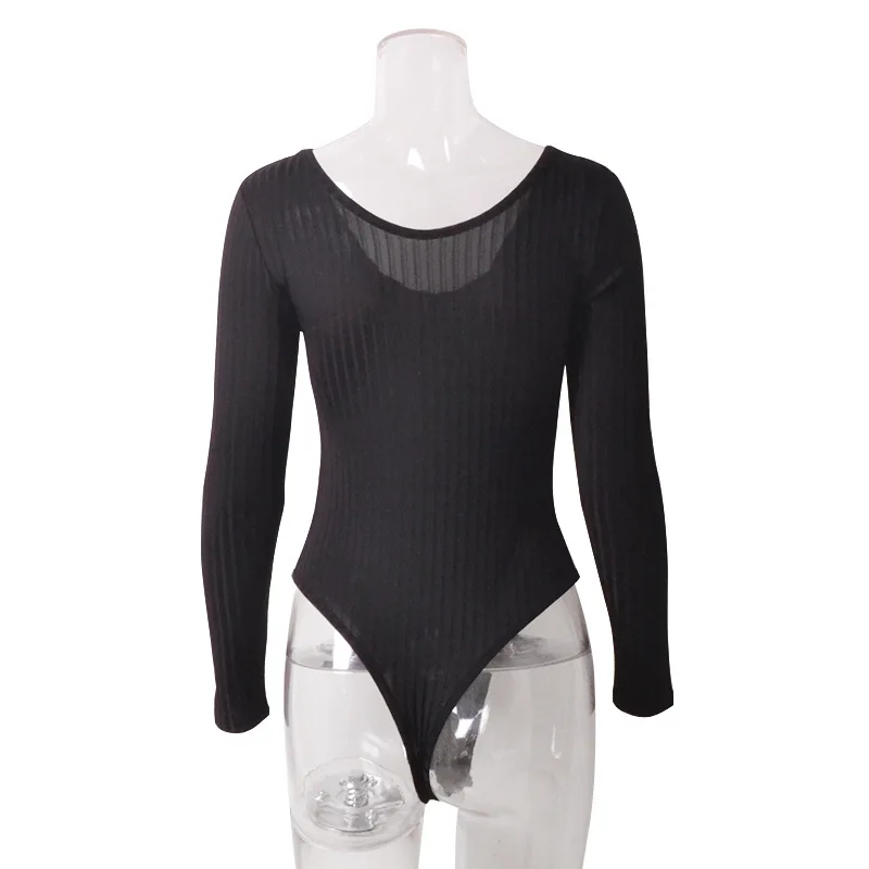 Autumn Ribbed Knitted Sexy Low Cut Bodysuit Women Black White Red V Neck Female Long Sleeve Jumpsuit Office Lady Slim Top Winter