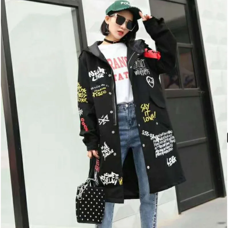 Autumn And Winter New Style Popular Brand WOMEN'S Dress Lettered Figure According to Joint Hooded Long Sleeve Trench Coat