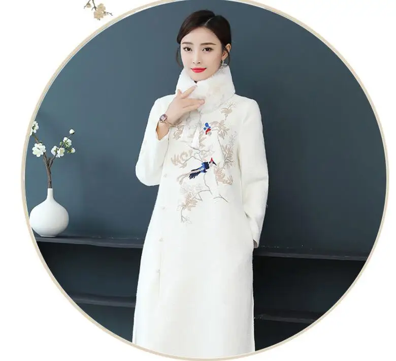 Китайское улучшенное Женское зимнее пальто cheongsam, новое винтажное этническое длинное шерстяное пальто большого размера, модное шерстяное теплое роскошное пальто