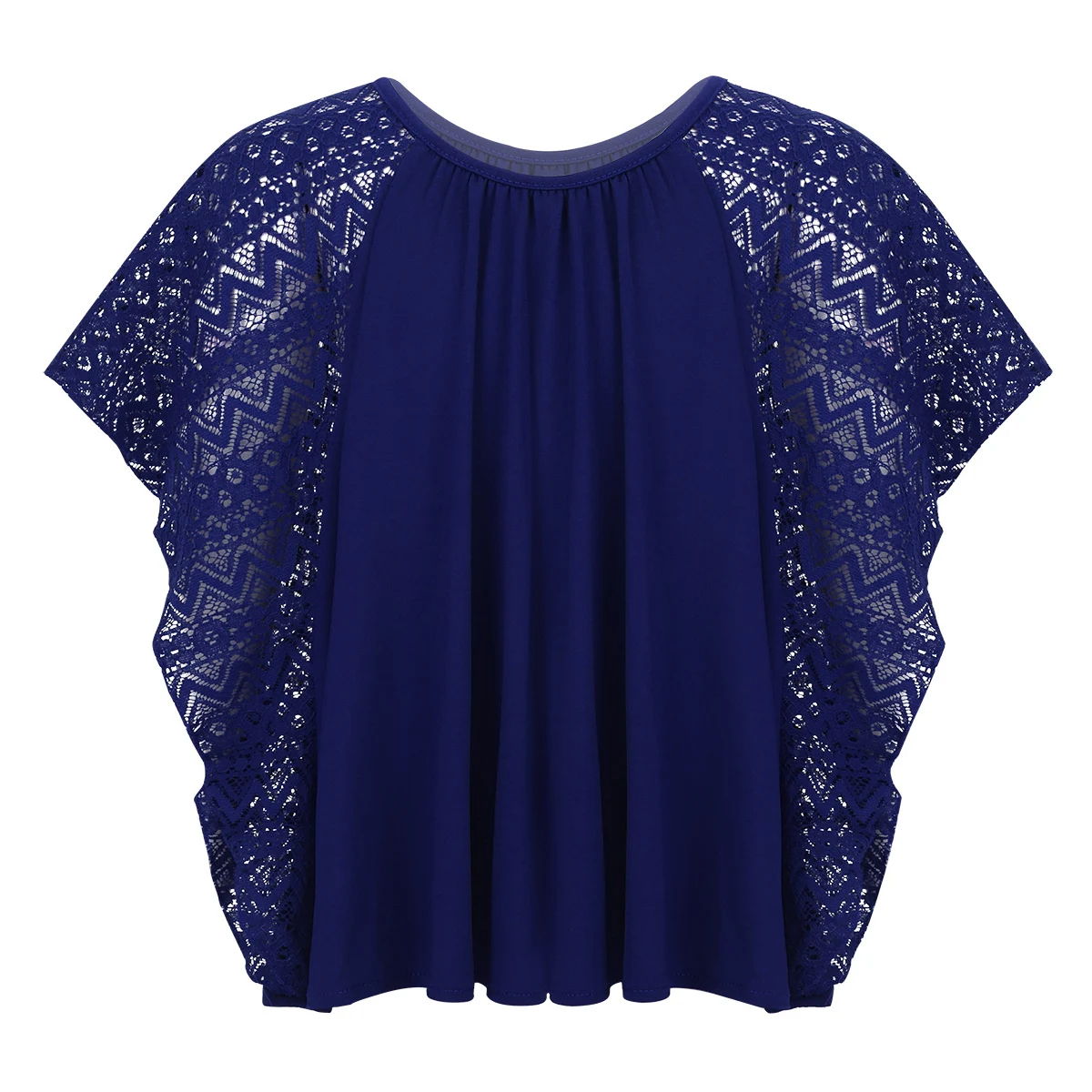 Navy Blue Большой кружевной топ-реглан с рукавами «летучая мышь» и круглым вырезом для девочек, свободная рубашка для дня рождения, школьная одежда, одежда для выходных - Цвет: Navy Blue