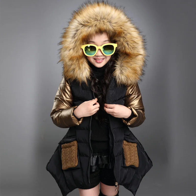 Зимние пальто с принтом для девочек; плотное теплое Детское пальто; модная детская верхняя одежда с цветочным принтом; хлопковая одежда с меховым воротником и капюшоном; - Цвет: Black