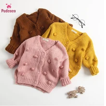 Pudcoco/осенне-зимний вязаный свитер; шерстяное пальто для маленьких девочек; Одежда для маленьких девочек; теплый кардиган; вязаный Однотонный свитер с объемными помпонами