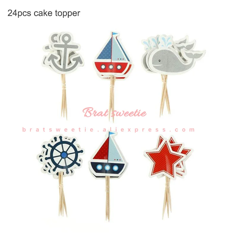 24pc Nautical topper Морская тема одноразовые наборы посуды для детей день рождения украшения морской синий Лодка бумажные тарелки и стаканы вечерние принадлежности - Цвет: 24pc Nautical topper