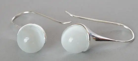 Jewelry Jade Earring Pretty 14mm White Cat's Eye jade Opal 925 Sterling Silver Hook 1 1/2'' Free Shipping | Украшения и