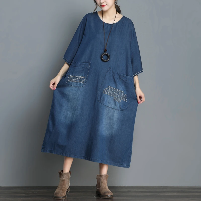 

Baggy cowboy Pullovers Female Bleached Vintage Loose Maxi Denim Robe fashion Big pocket Oversized Jeans Dress O Neck Bat Sleeve