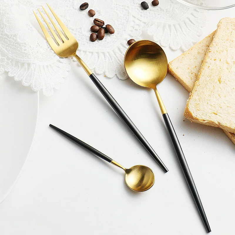 New Dinnerware Set Stainless Steel Black Handle Gold Cutlery Set Dinner Scoop Fork Knife Set Teaspoon Tableware Drop shipping