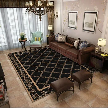 

Concise European Leaves Gride Black Carpets Rugs For Bedroom Home Living Room Kitchen Nonslip Piont Back Bed Side Pad