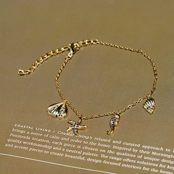 

Luxury Zircon Shell Starfish Seahorse Conch Charm Bracelets For Women Adjustable Chain Bracelet Summer Beach Ocean Style Jewelry