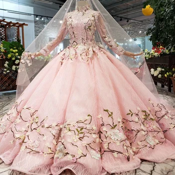 

BGW 21717ht Swollen Pink Wedding Dresses With Wedding Veil Flowers High Neck Lace Up Luxury Muslim Wedding Gown 2020 New Fashion