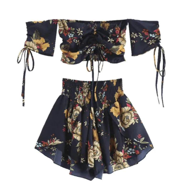 Off Shoulder Cinched Floral Women Set Slash Neck Short Sleeves Crop Top High Waist Shorts Set Beach Boho Suits Summer