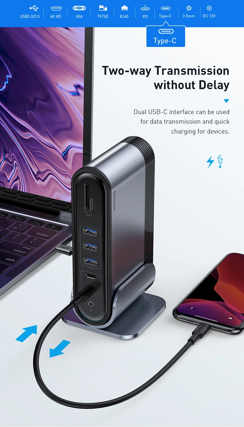 Baseus 16 в 1 USB C концентратор type C для мульти HDMI RJ45 VGA USB 3,0 2,0 с адаптером питания док-станция для MacBook Pro type-c концентратор