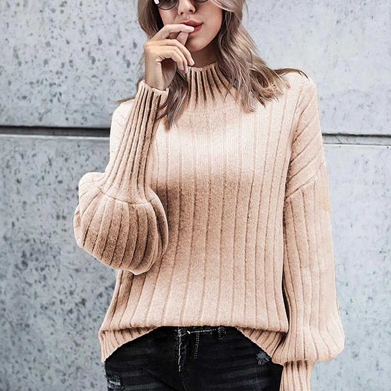 

Women Knitted Pullover Sweater Turtleneck Lantern Sleeves Ribbed Solid Autumn Winter Knitting Top Female Jumper Tops Knitwear