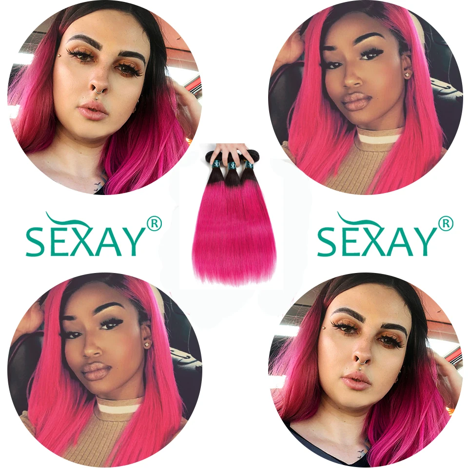 SEXAY пучки человеческих волос Ombre 3/4 шт. T1B розовый темные корни Бразильский прямые волосы предварительно Цветной розового цвета Remy пряди человеческих волос Инструменты для завивки волос