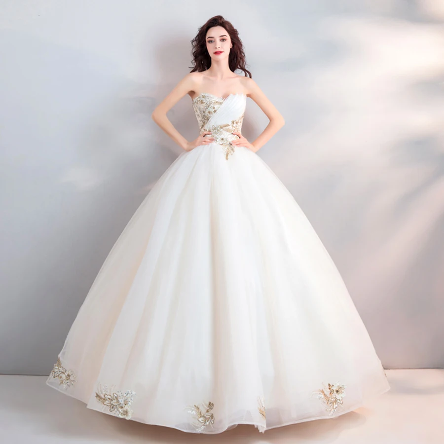 

Embroidery Wedding Dresses Strapless Princess Wedding Dress Floor Length Bride Ball Gowns Lace Up Vestido De Novia 2019 LX815