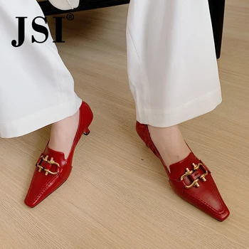 

JSI Genuine Leather Elegant Pumps Women Pointed Toe Middle High Thin Heel Dress Shoes Metal Elastic Design Office Pumps JO414
