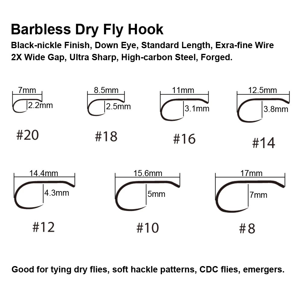 Bimoo 20pcs Barbless Dry Fly Hook 2X Wide Gap Nymph Forged Hook Black  Nickel Finish Fly Tying Material Sizes 8 10 12 14 16 18 20