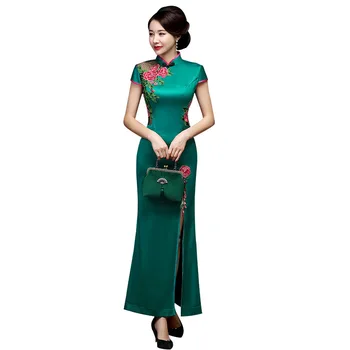 

Womens Embroidery Flower Long Cheongsam Chinese style Dress Short Sleeve Qipao Slim Party Dresses Lady Button Vestido S-5XL