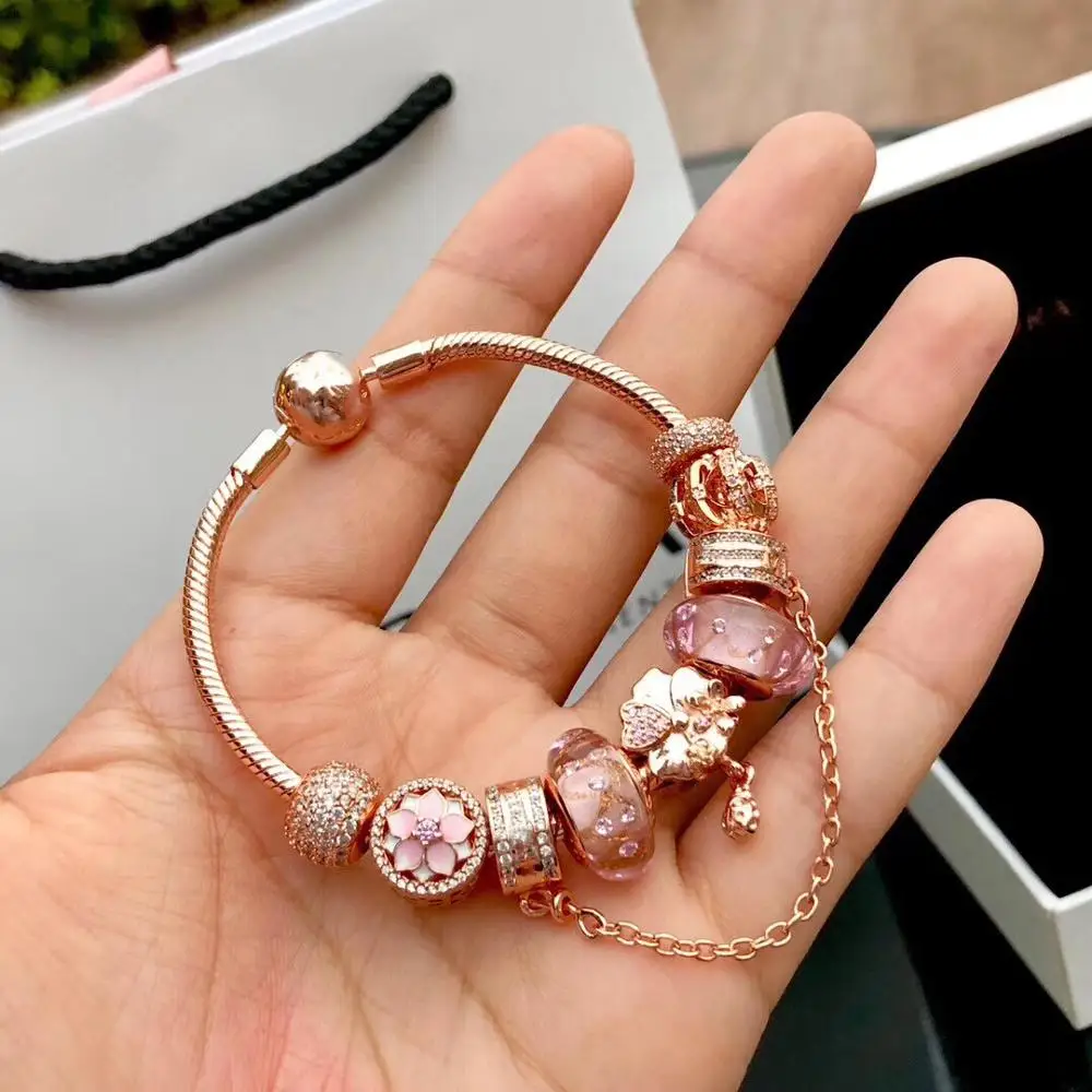 

Keris Store High Quality Original 1:1 100%925 Sterling Silver Rose Gold Pearl Magnolia Bracelet Free Shipping