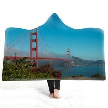 

Lifelike Bridge Blue Sky Blanket Adult Wearable Hooded Throw Blanket Modern City 3D Print Fleece Sherpa Blanket Kids Bedding