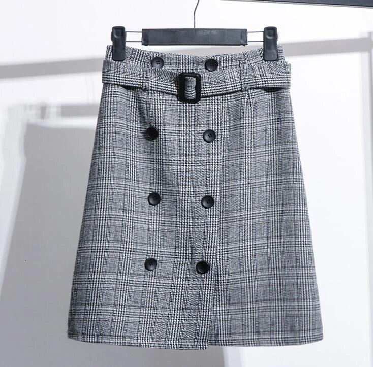 Woman High Waist Woolen Slim Skirt Office Lady Elegant Plaid Skirt Knee-length Winter Warm Skirt With Button Belt - Цвет: gray