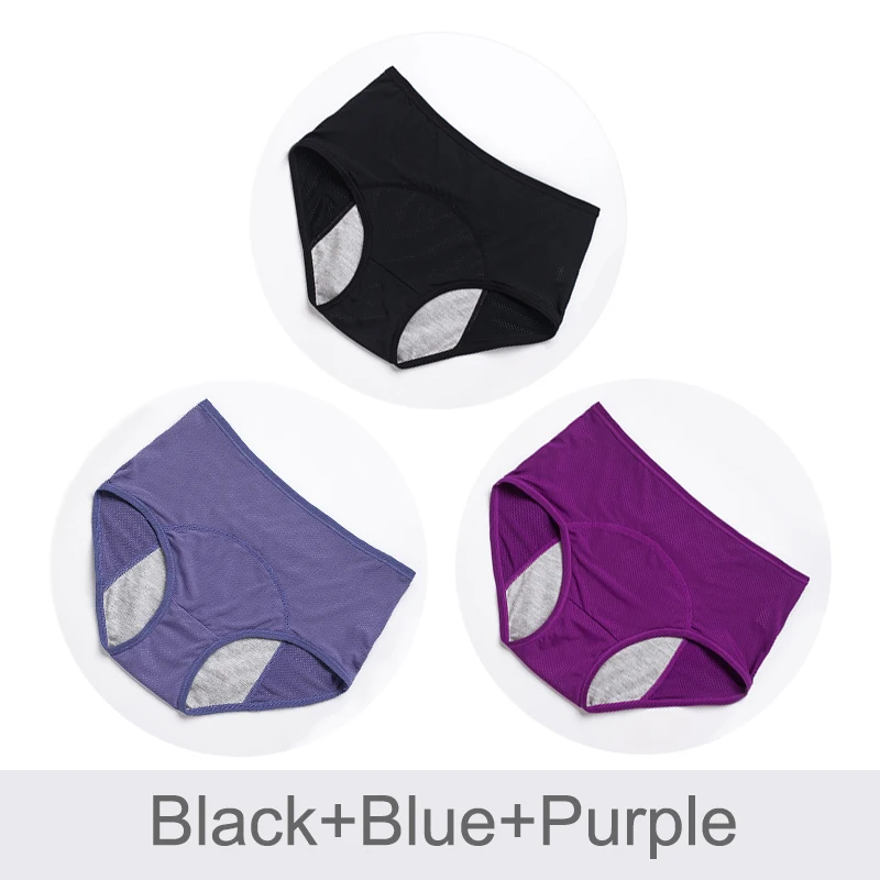 3 шт./компл. менструальные трусики Для женщин сексуальные брюки герметичность нижнее белье для страдающих недержанием период хлопчатобумажный материал Трусики с высокой талией, женские, зимние сапоги - Цвет: Black Blue Purple