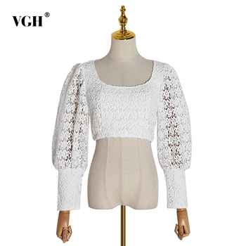 

VGH Patchwork Hollow Out Shirt For Women Square Collar Lantern Long Sleeve Zipper Short Blouses Female Summer Fashion New