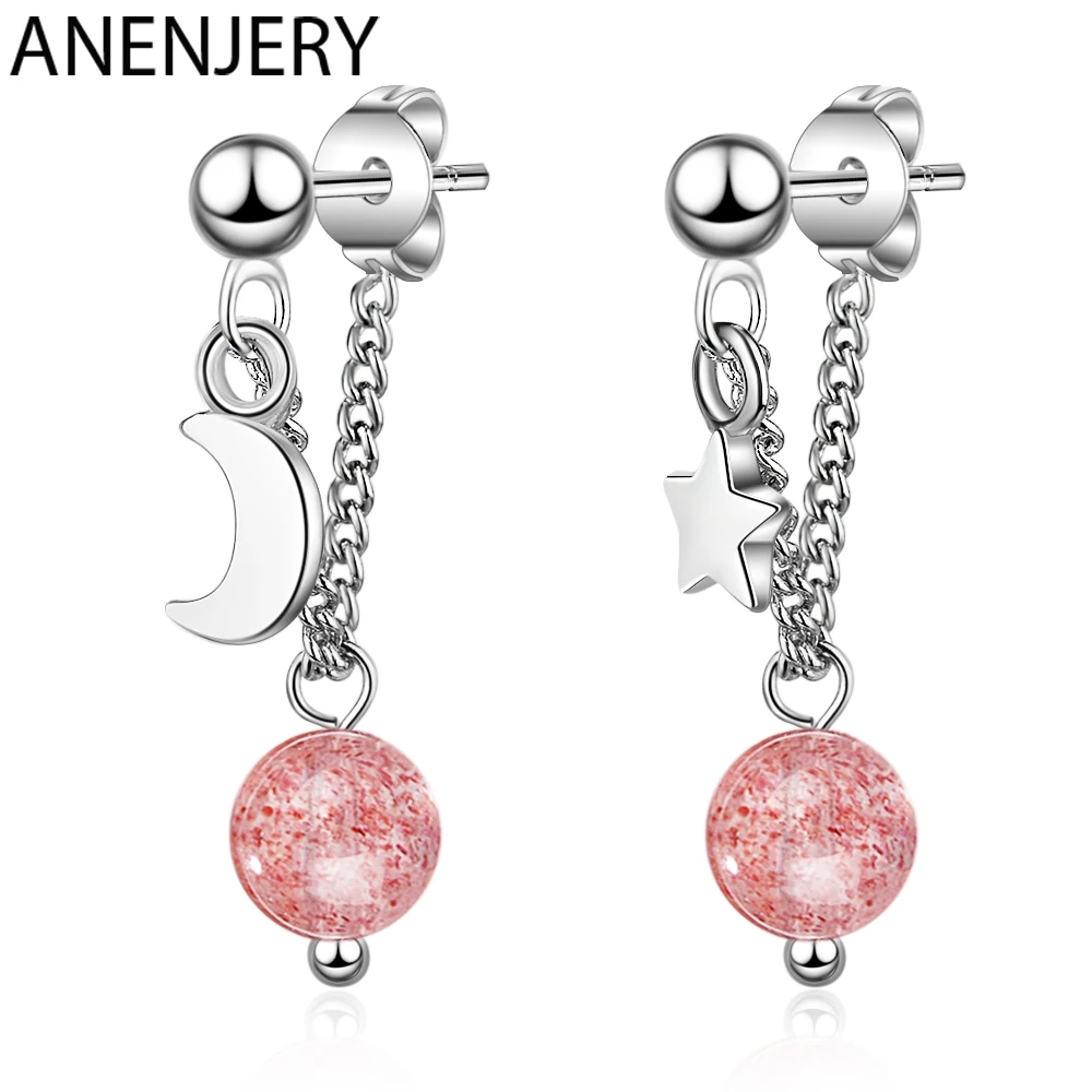 ANENJERY, корейские персональные серьги в виде звезд и Луны с кисточками для женщин, 925 пробы, серебряные серьги с кристаллами клубники, S-E915
