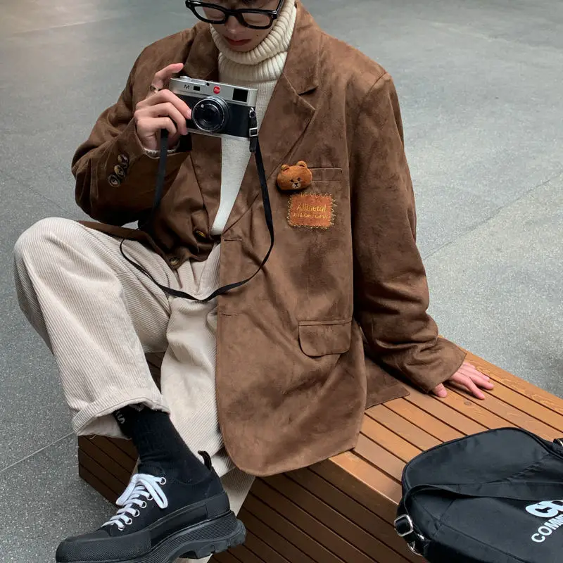 

2021 Winter Men's Suede Fabric Suit Formal Jacket Bear Decorate Outerwear Casual Blazers Single Western Clothes Loose Coats