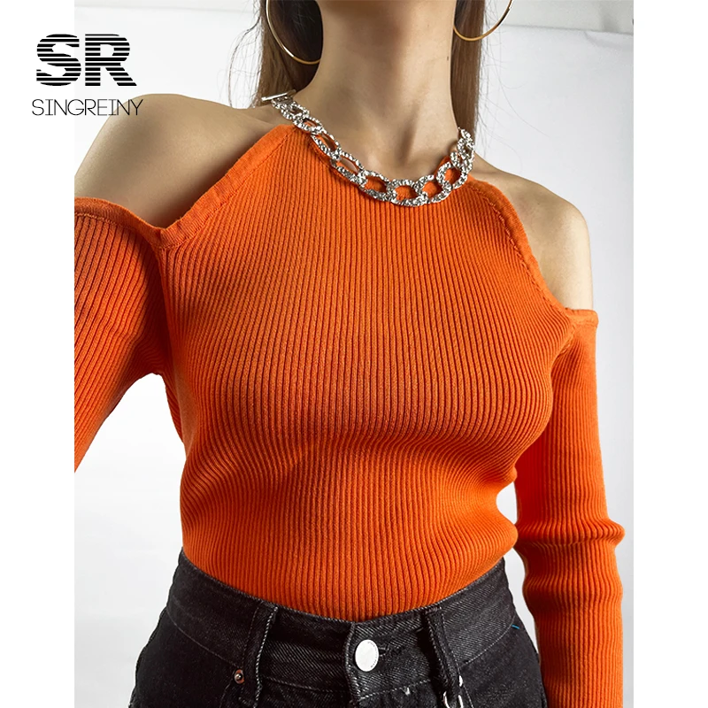 cardigan sweater SINGREINY 2021 Autumn knitted Sweater Women Long Sleeves Basic Knit Tops Off the Shoulder Sexy Pullovers Chain Diamond Sweaters red sweater