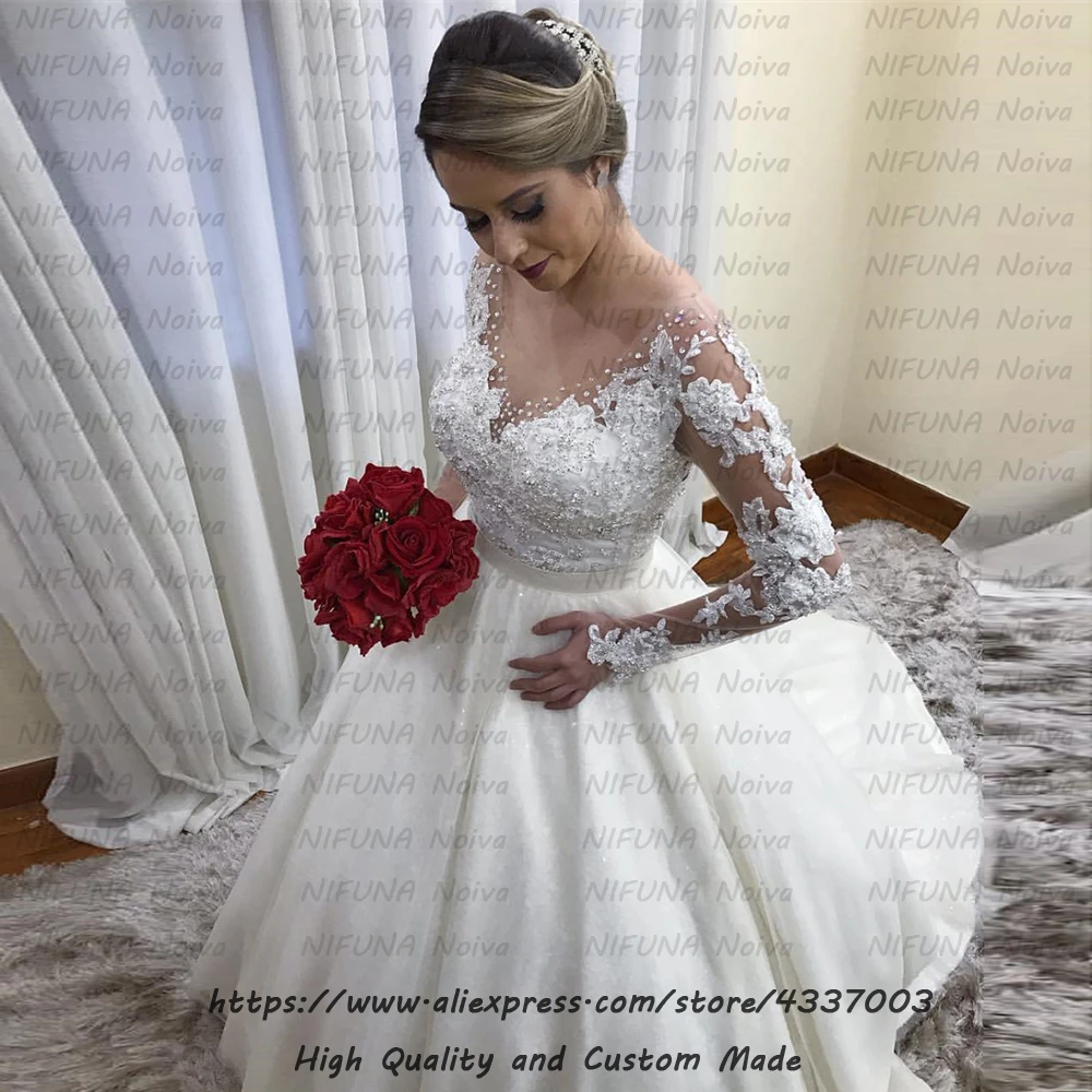 Прозрачное платье невесты из тюля Vestido de Noiva свадебное платье Элегантное кружевное длинный рукав с бисером свадебное платье халат Mariage