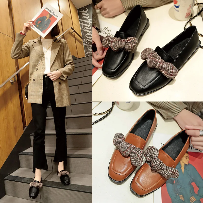 

2019 Spring Bow New Style Square Head Shoes Women's Chunky-Heel England Small Leather Shoes Retro Slip-on Lazy Shoe