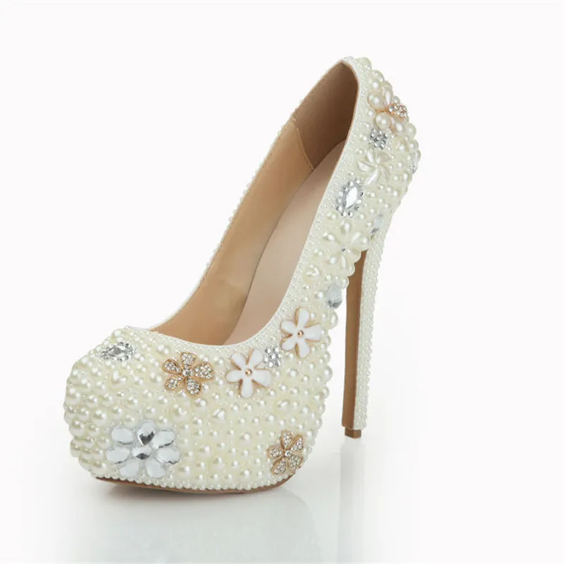 

High-end women's party documentary shoes luxury sexy high heels ms crystal pearl leather shoes lady wedding banquet
