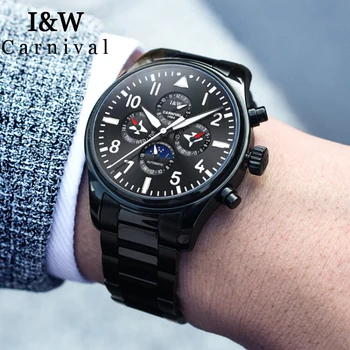 

I&W Pilot Watch Men Carnival Mens Automatic Mechanical Watches Stainless Steel Waterproof Moon Phase Wristwatch erkek kol saati