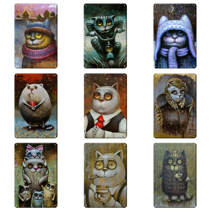 

Funny Cartoon Big Eyes Cat Metal Plaque Vintage Tin Sign Shabby Iron Poster Bar Pub Club Restaurant Wall Decoration Home Decor