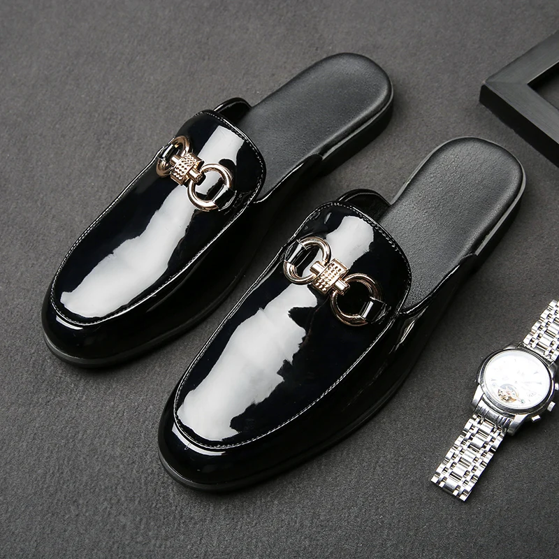 Mens Slipper Boots Fashion Men Shoes Male Black Leather Half Slippers Casual Sandals Summer Mens Italian Lattice Design Big Size