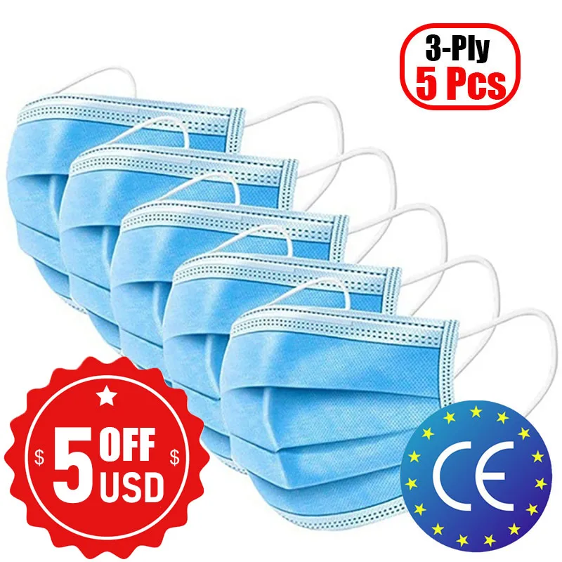 

5PCS Disposable Profession Protective Mask 3-Ply Nonwoven Facial Cover Dust Mask 2019 nCoV Anti Bacterial Virus Safety Mask