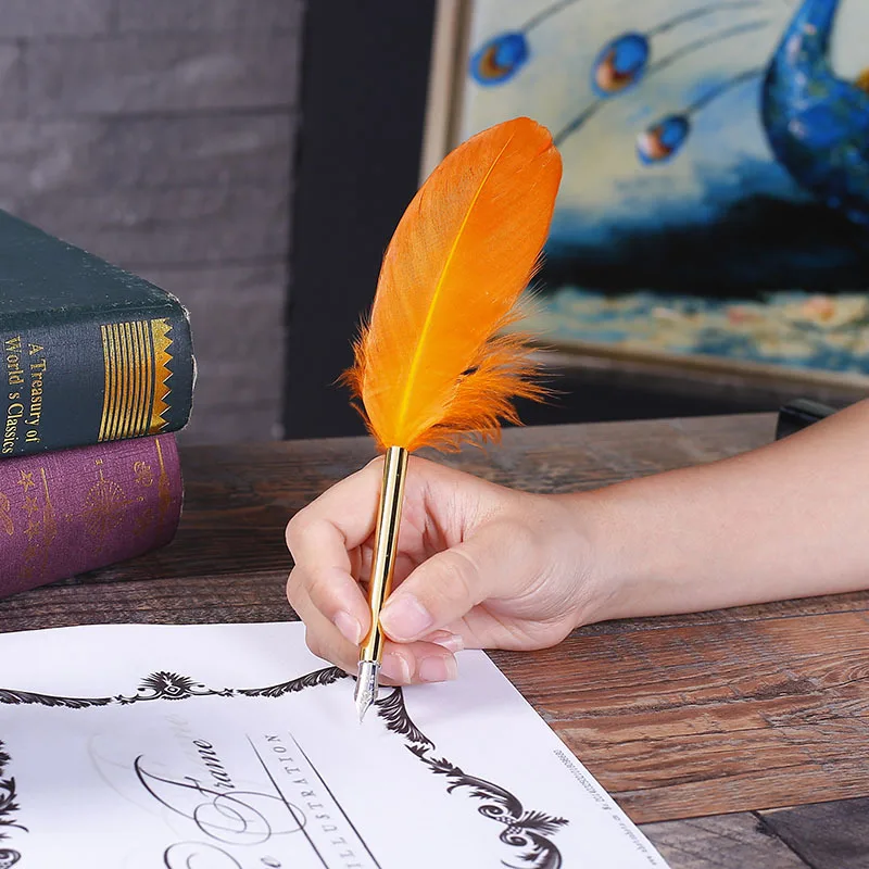 AP190 Office Pen retro Metal Quill Pen European Feather Pen Quill Pen Gift - Цвет: Orange3