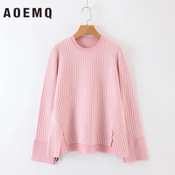 

AOEMQ Sweaters Shirts Black Striped Simple Shirt Bow-Sweater Loose Coffee Office Lady Wear Winter Sweater Women Clothing