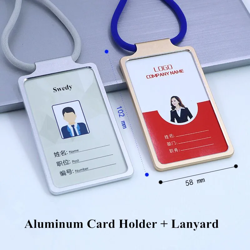 Fashion Aluminum Alloy Work Name Card Cover Holders Business ID Card Badge Holder With Lanyard Metal Bags Case aluminum alloy vertical name tag badge id card holders work business pass case with adjustable neck lanyard