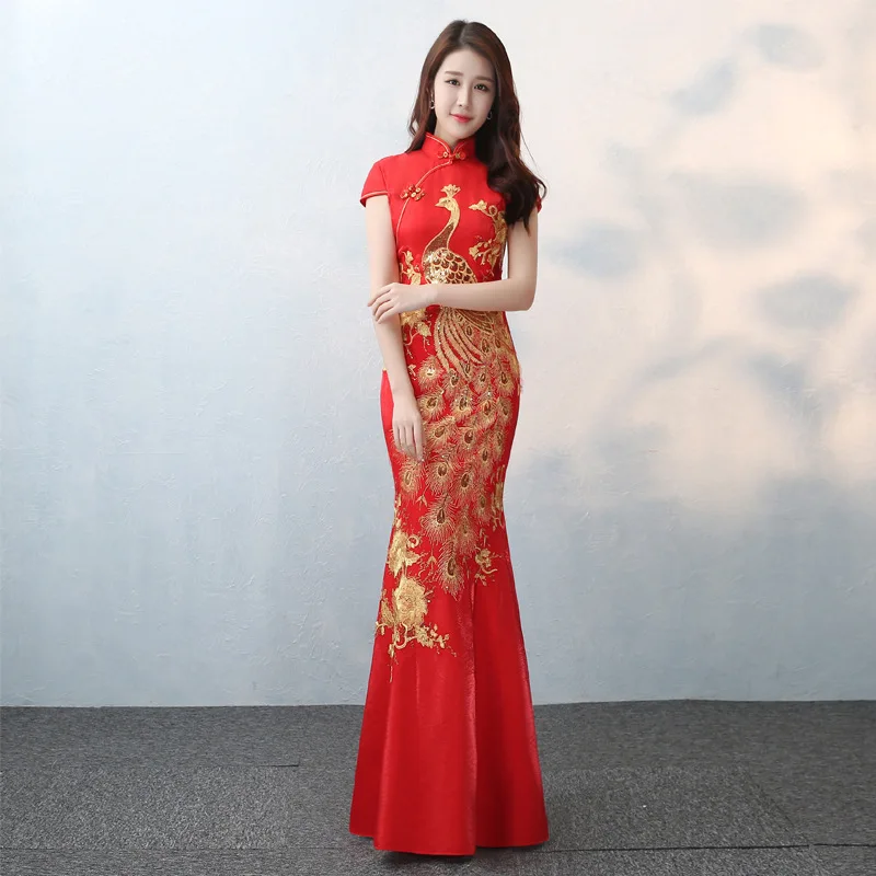 Элегантное длинное женское свадебное платье Qipao, сексуальное тонкое женское вечернее платье, изысканное блестящее платье с павлином